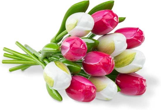 Houten tulpen boeket - Decoratie bloemen - Huis verfraaien - Handbeschilderd duurzaam hout - 34 cm hoog - Roze wit mix