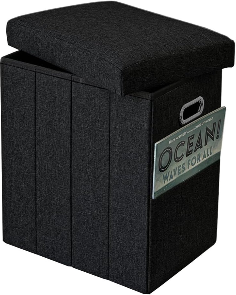 Opvouwbare Poef - Opbergkruk Voetenbank - Extra Zitmogelijkheid - Met Handvatten Deksel - 41x41x30 cm - Zwart