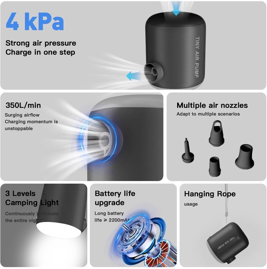 Belle's product-Oplaadbare draagbare luchtpomp met campinglamp - Voor luchtmatrassen, zwembanden & vacuümzakken-zwart van Merkloos — afbeelding 3