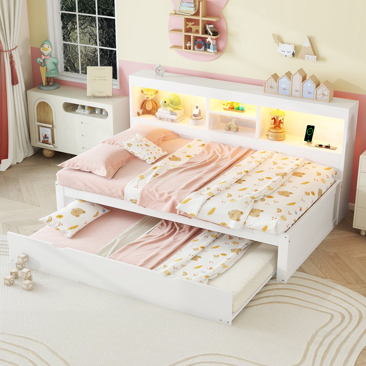MODENUIT Bedbank 90x200 cm – Uitschuifbaar Bed met Ledverlichting en Stopcontact met USB – Zijvak – Zonder matras – Wit