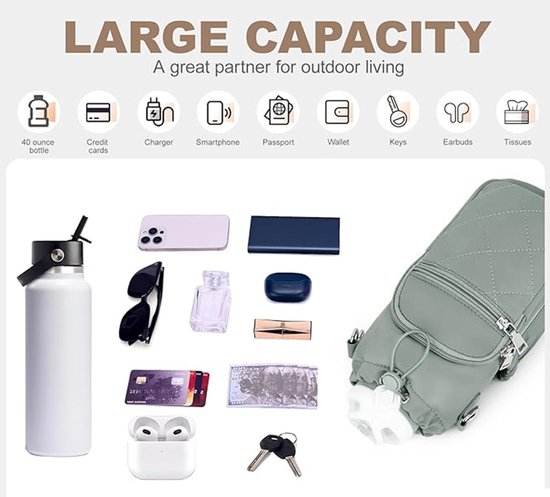 Bidonhouder - Bidondrager - Veldflestas - Opbergtas voor bidons met draagriem - Crossbody-bidontas met telefoonvak - 40 oz - Groen - Ideaal voor sport & outdoor — afbeelding 2