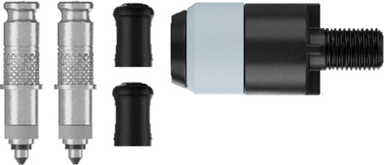 Zwart met witte ventieladapter met schroefdraad, twee zilverkleurige ventielkoppen met patroon en zwarte dopjes.
