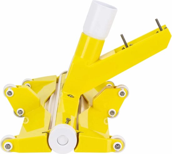 Tête d'aspirateur de piscine jaune avec roues blanches, un capuchon blanc et des vis sur la tige.