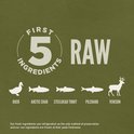Eerste 5 rauwe ingrediënten: eend, arctische char, staalforel, pilchards, hert.