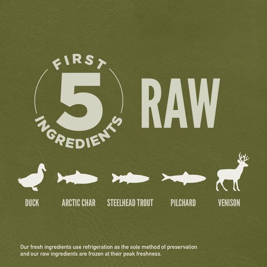 Eerste 5 rauwe ingrediënten: eend, arctische char, staalforel, pilchards, hert.