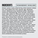 Lijst met ingrediënten: kip, zalm, kalkoen, hele horsmakreel, hele makreel, kip-lever, kip-hart, kip-gizzards, kalkoen-lever.