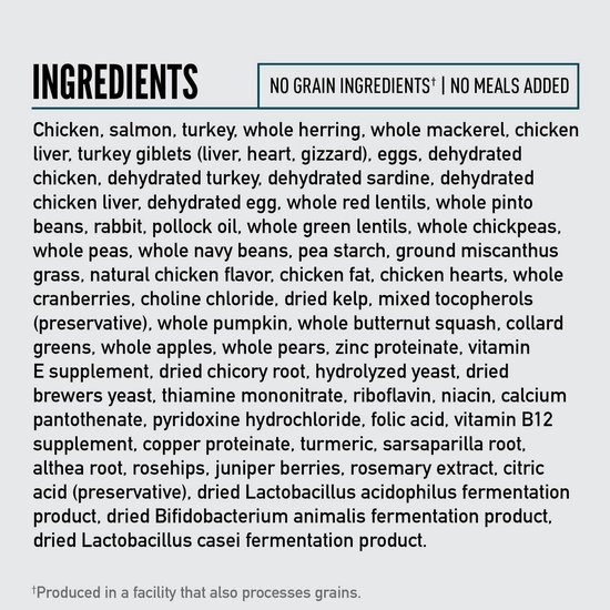 Lijst met ingrediënten: kip, zalm, kalkoen, hele horsmakreel, hele makreel, kip-lever, kip-hart, kip-gizzards, kalkoen-lever.