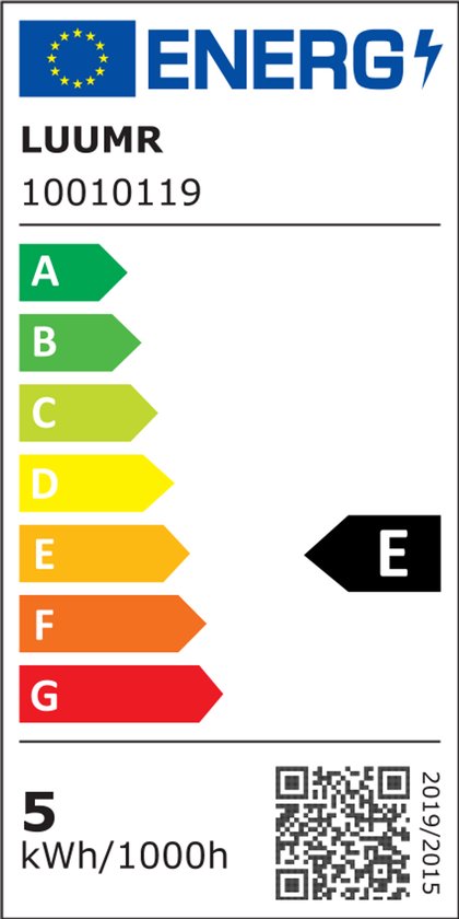 Energie-etiket voor lampen met klasse E, 5 kWh/1000h.