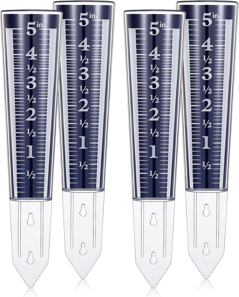 Set van 5 – 5-inch regenmeters voor buiten — Vervaardigd uit goed afleesbaar acrylmateriaal; ontworpen voor het meten en monitoren van neerslag; voorzien van een vergrotende schaal en numerieke aanduiding — Blauw.