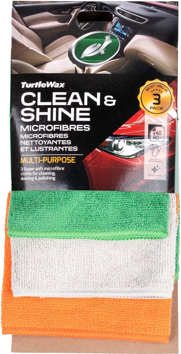 Turtle Wax Clean & Shine Microfibres - Mix van polyester en polyamide - Verwijdert veilig polishes, wax, coatings en sealants - Voor alle blanke lakoppervlakken - Machinewasbaar - 3 stuks - 40x60cm