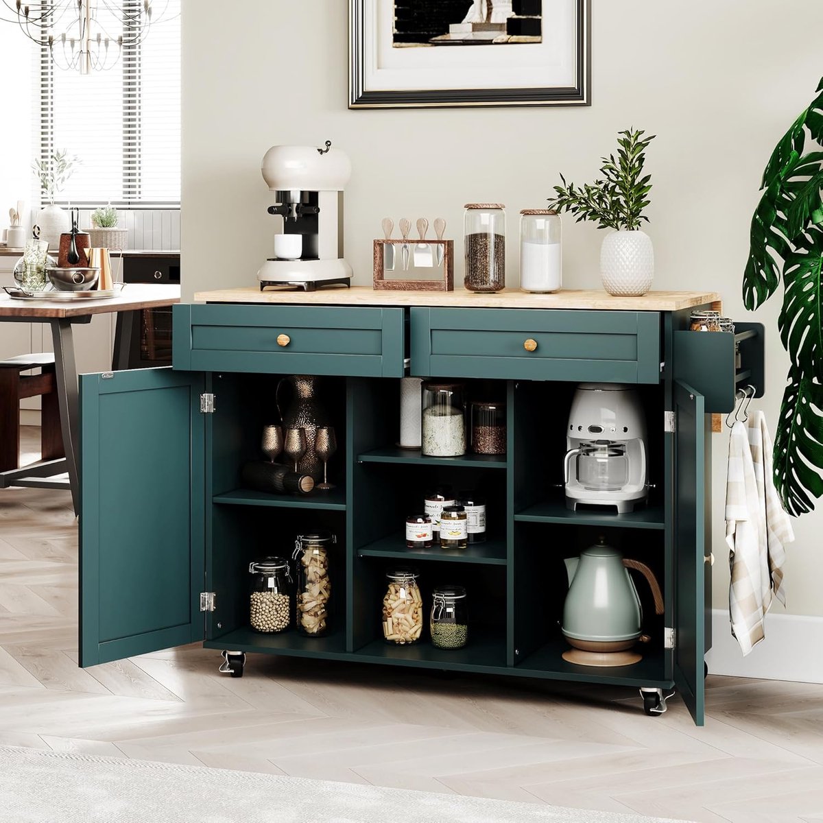 Keukeneiland op Wielen 131,3 x 44,7 x 89,2 cm met Inklapbaar Werkblad en Opbergruimte – Mobiel Keukeneiland met Kast, Kruidenrek en Handdoekhouder – Multifunctionele Keukentafel Groen – Laura