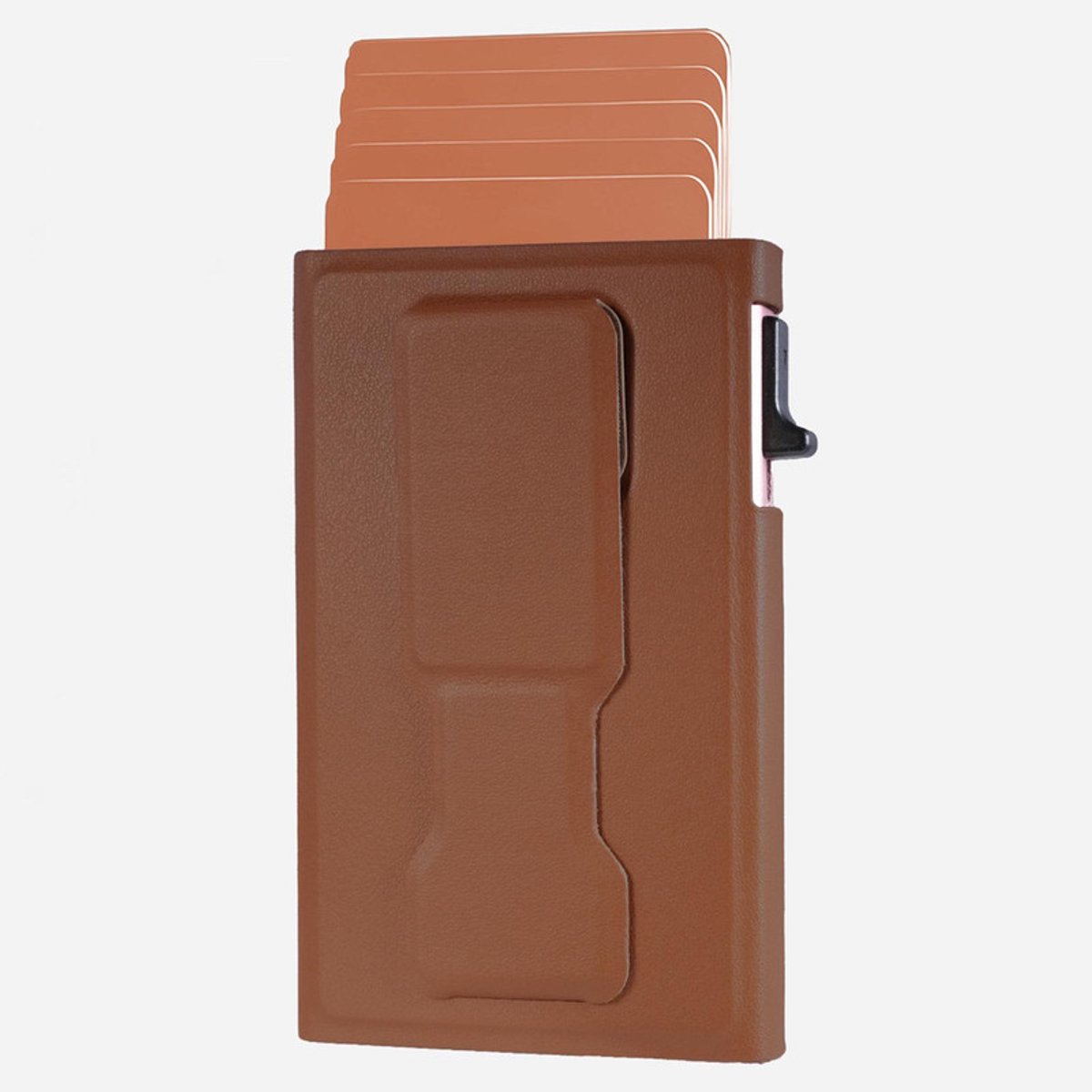 Magnetische Telefoonhouder met RFID Kaarthouder wallet - 5 Pasjes - geschikt voor Magsafe - geschikt voor iPhone 12 / 13 / 14 / 15 / 16 / 17 / PRO / PRO MAX - Aluminium en PU Leer - bruin