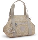 Beige Kipling ART MINI damestas met goudkleurige spikkelprint, korte handvatten, afneembare schouderband en een fluffy aapje-sleutelhanger.