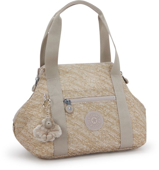 Beige Kipling ART MINI damestas met goudkleurige spikkelprint, korte handvatten, afneembare schouderband en een fluffy aapje-sleutelhanger.