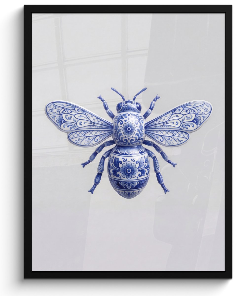 FrameYourWall Poster in lijst - Fotolijst 60x80 cm - Posters - Bij - Modern - Delfts - Blauw - Posterlijst zwart - Decoratie - Wanddecoratie woonkamer - Muurdecoratie slaapkamer