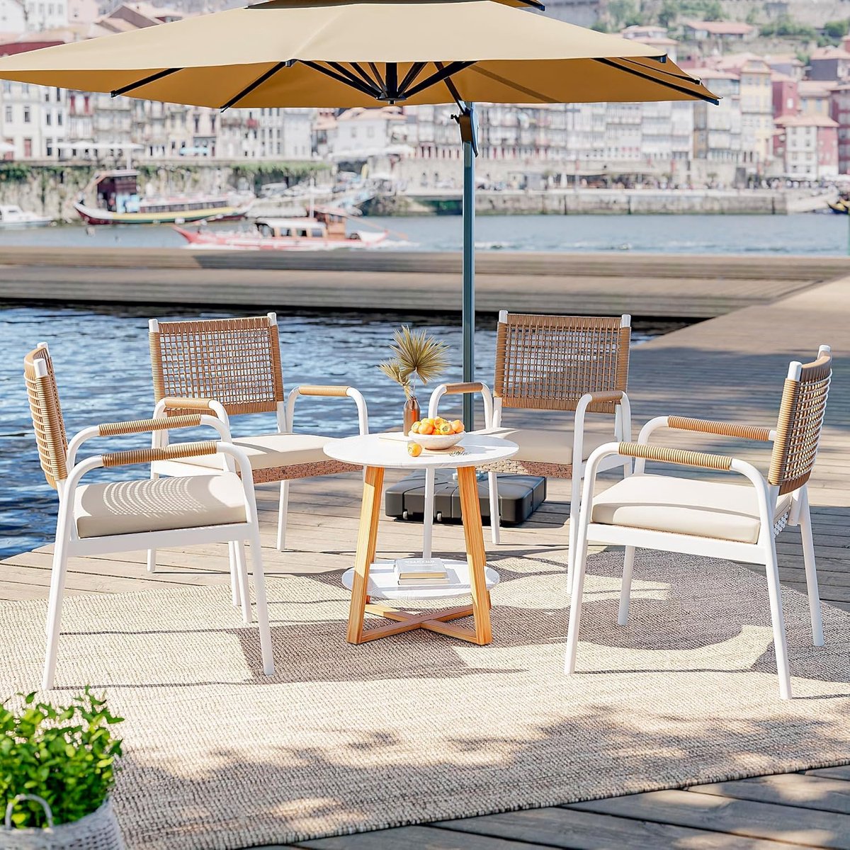 Set van 2 Tuinstoelen inclusief Kussens - Rotan Wicker Balkonstoelen met Metalen Frame - Weerbestendig - Wit & Bruin – foto 4
