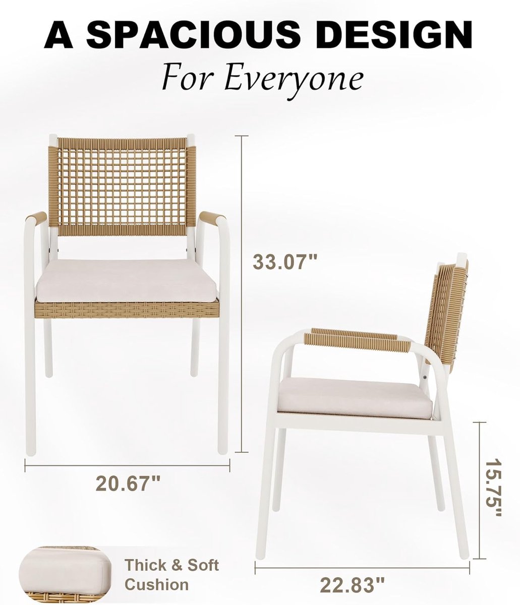 Set van 2 Tuinstoelen inclusief Kussens - Rotan Wicker Balkonstoelen met Metalen Frame - Weerbestendig - Wit & Bruin – foto 2