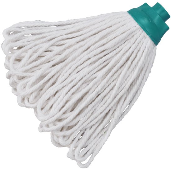 Gros plan sur une tête de serpillière en coton blanc avec fixation turquoise, les fils sont regroupés.