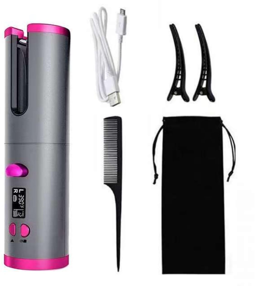 longziming - Mini krultang - Draagbare - Automatisch zelfopwindend, links/rechts - Draadloos met USB-C, 45 minuten gebruik - 6 temperaturen (150–200°C) en 6 tijdsinstellingen - Veilig met automatische uitschakeling - Grijs