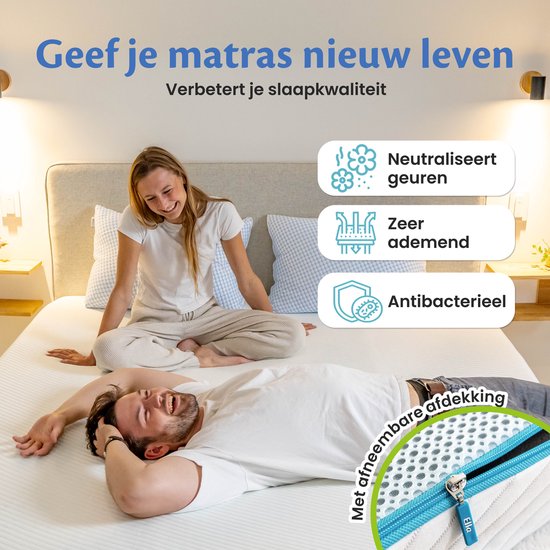 Couple sur un sur-matelas Ella : neutralise les odeurs, respirant et antibactérien. Avec housse amovible.