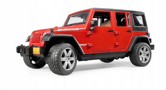 Rode Bruder Jeep Wrangler Rubicon met zwarte dakrand en off-road banden.