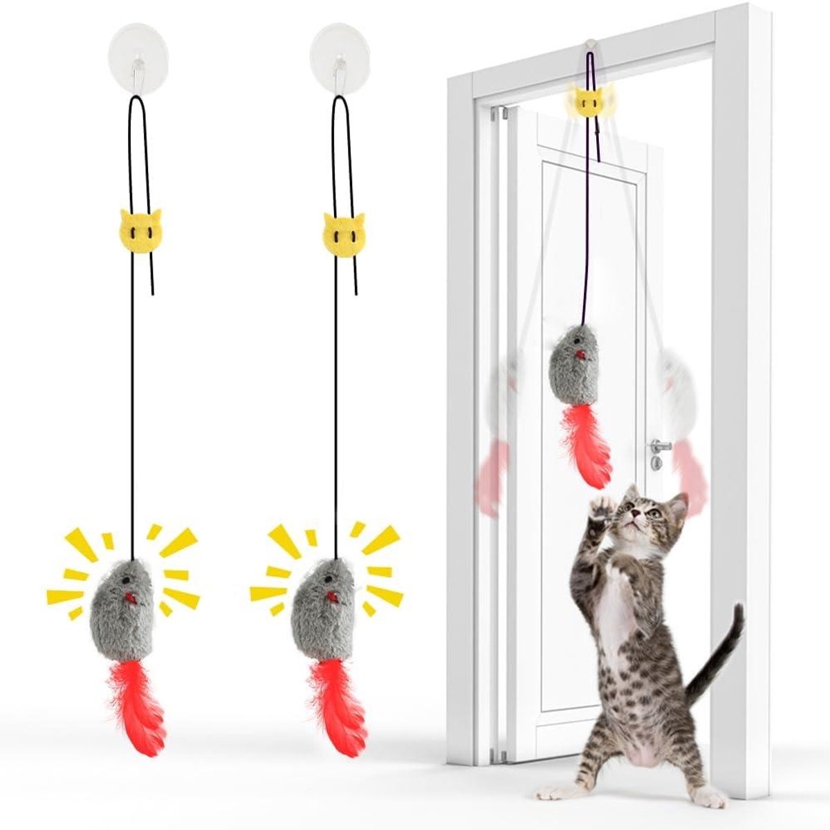 TuseRxln Kattenspeeltje - Muisvormig - Squeaky met Veren en Elastiek - 2 Stuks - Voor Kattenspeelplek Grijswit