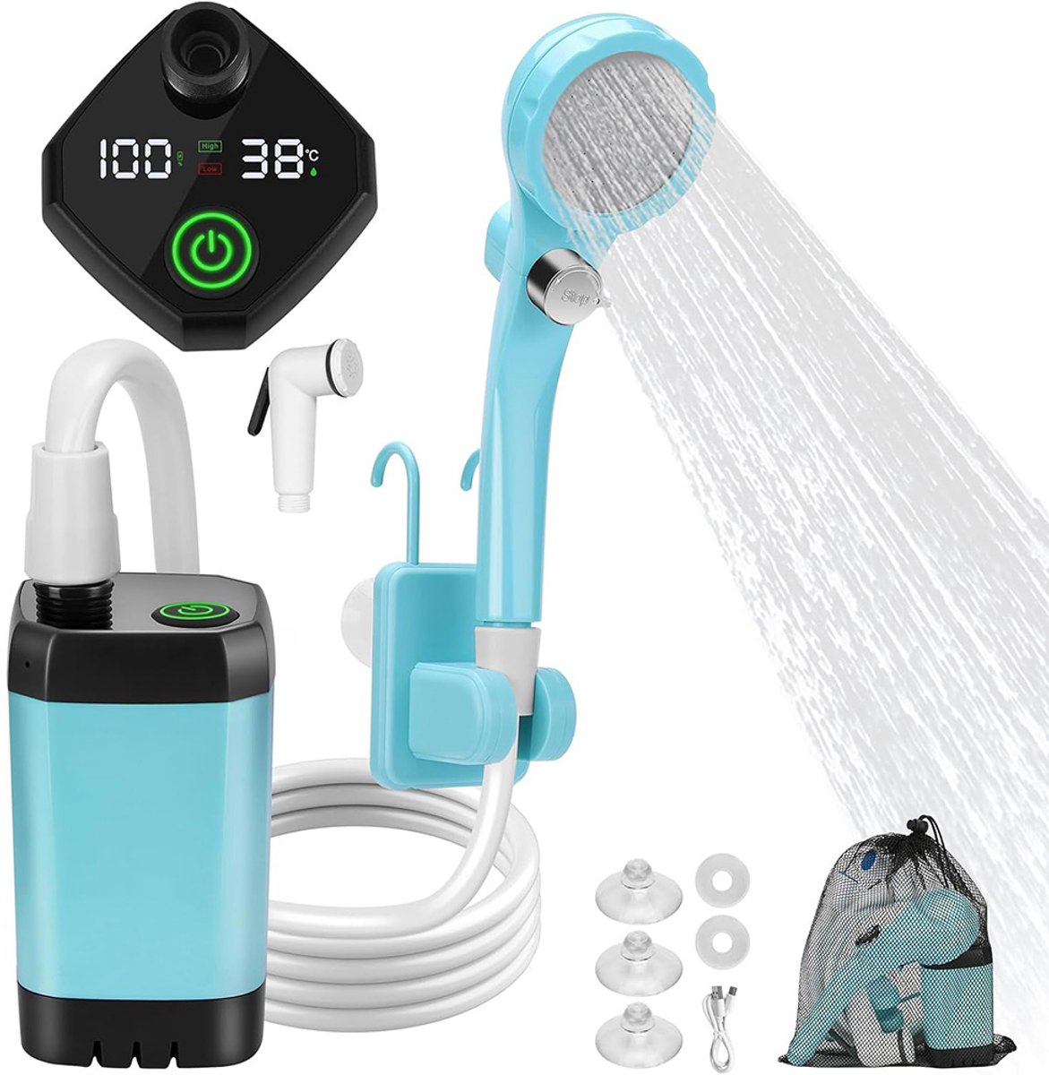 Draagbare Kampeer Douche - 6000Mah Oplaadbare Douche - met Slim LED-Display - 3 Waterstraalmodi - Waterdichte Outdoor Douchepomp - Camping Douche - Buitendouche - Tuindouche - Draagbare Douche - Mobiele Douche - Blauw
