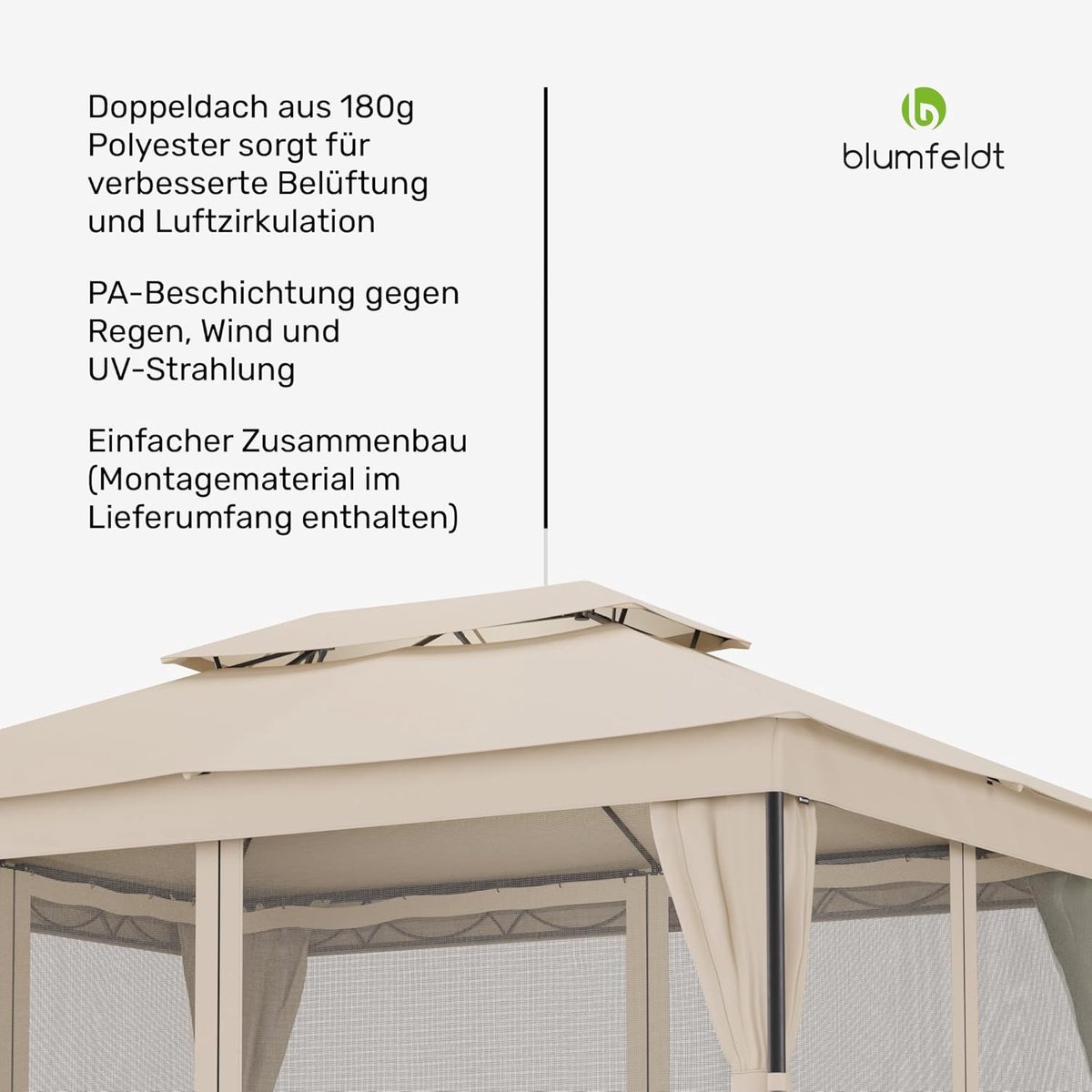 Tuinpaviljoen Laura Mondo Dual 3 x 4 m – Waterbestendig Aluminium Dubbel Dak Paviljoen met Muggennet en Gordijnen – Stabiele Buitenoverkapping voor Terras en Tuin – Beige Uitgebreide productbeschrijving: