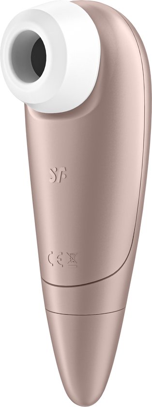 Rosegouden clitorisstimulator met witte siliconen kop en CE-markering.