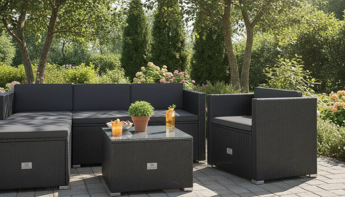 Tuinlounge 4-5 personen Bellavero – 3-zitsbank, stoel, kruk en bijzettafel – Polyrotan Lounge Set voor Tuin, Terras en Balkon – Weerbestendig Antraciet Outdoor Zitgroep