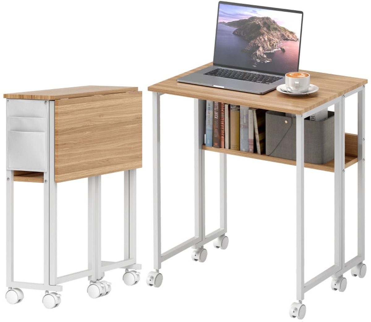 Merax Inklapbaar Bureau 63 cm - Klapbureau met Wielen - Compact Bureau met Opbergvak en Opbergtas - Ruimtebesparend - Natuur