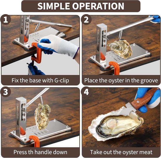 Professionele oester- en mosselopener van roestvrij staal - verstelbaar in 4 standen, met zuignappen, G-klem, mes en snijbeschermende handschoen - voor keuken, thuis en horeca van Merkloos — afbeelding 5