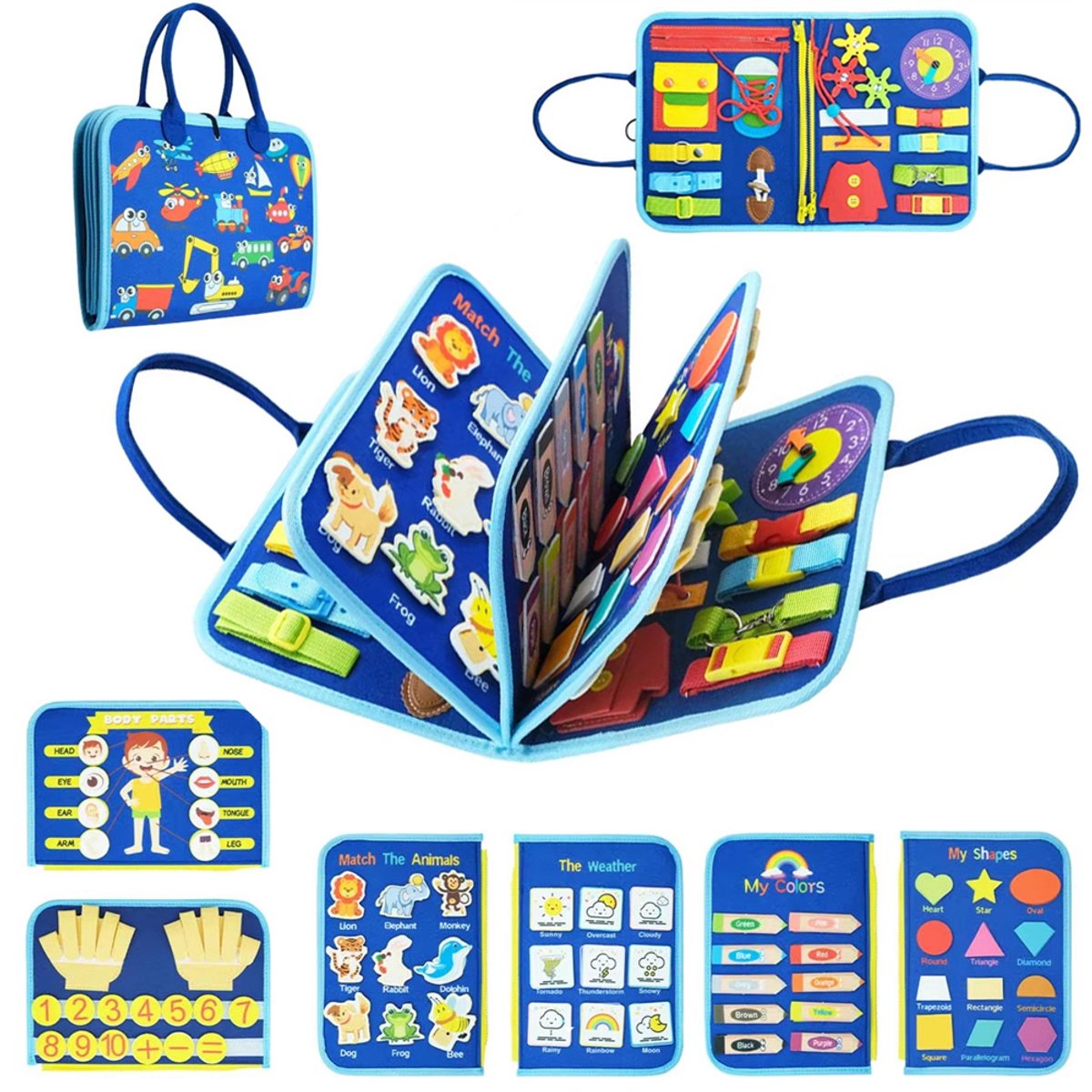 Busy Board Montessori speelgoed voor peuters, sensorisch boek met educatieve activiteiten voor het ontwikkelen van fijne motoriek, verjaardagscadeau voor jongens en meisjes, reisspeelgoed voor kinderen in de auto of vliegtuig, Lichtblauw