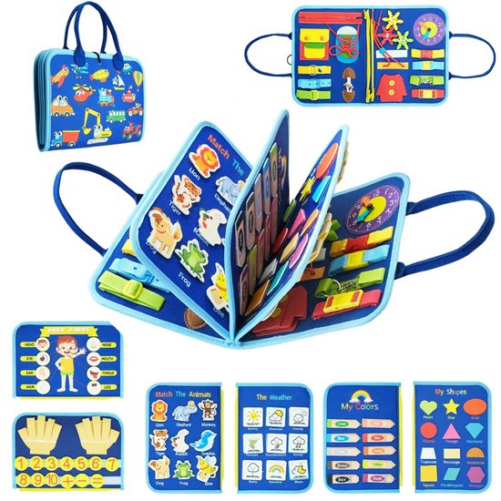 Busy Board Montessori speelgoed voor peuters, sensorisch boek met educatieve activiteiten voor het ontwikkelen van fijne motoriek, verjaardagscadeau voor jongens en meisjes, reisspeelgoed voor kinderen in de auto of vliegtuig, Lichtblauw