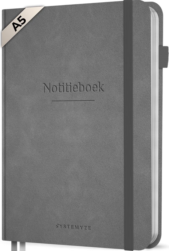 Systemyze Notitieboek A5 Hardcover Leer Gelinieerd – Notebook Journal – 256 Genummerde Pagina’s – 140 Grams Papier - Grijs