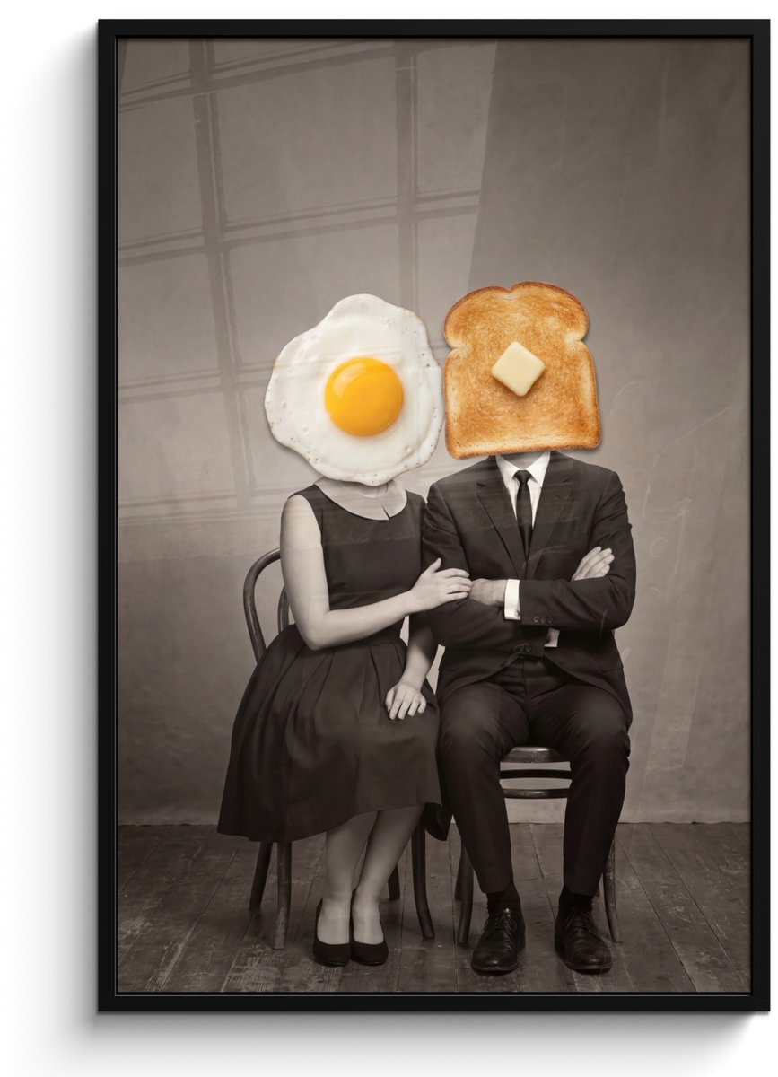FrameYourWall Poster in lijst - Fotolijst 80x120 cm - Posters - Ontbijt - Koppel - Ei - Brood - Posterlijst zwart - Decoratie - Wanddecoratie woonkamer - Muurdecoratie slaapkamer