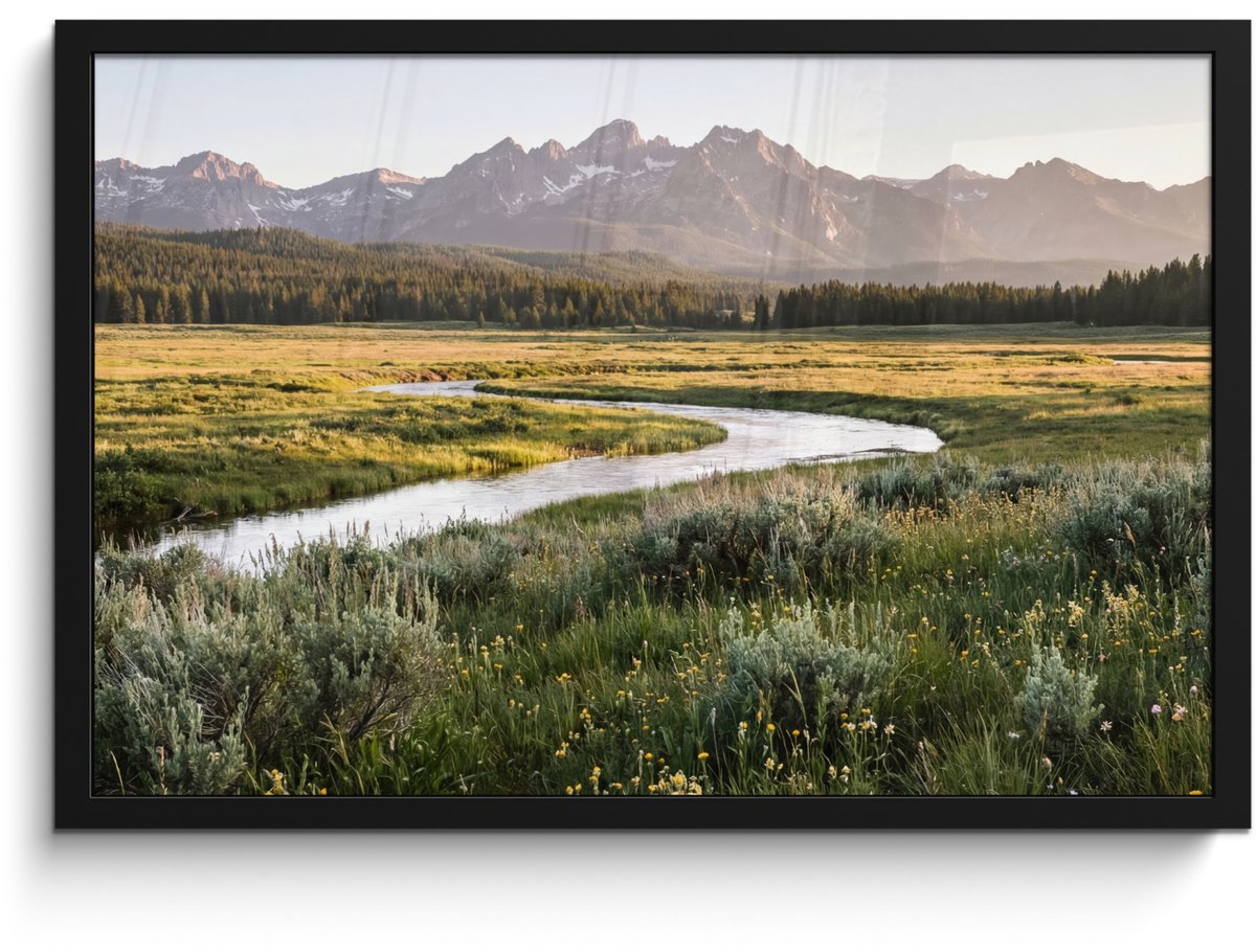 FrameYourWall Poster in lijst - Fotolijst 60x40 cm - Posters - Berglandschap - Rivier - Bos - Posterlijst zwart - Decoratie - Wanddecoratie woonkamer - Muurdecoratie slaapkamer