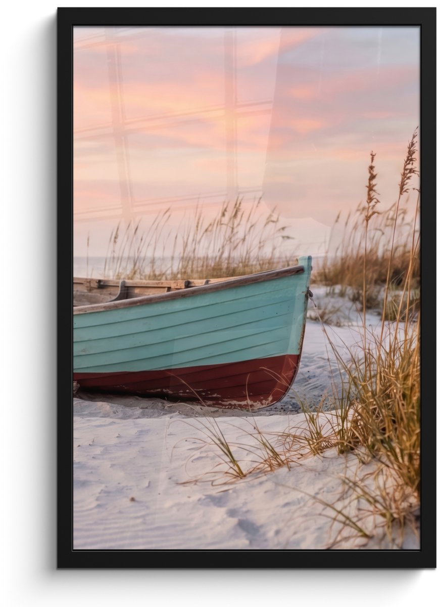 FrameYourWall Poster in lijst - Fotolijst 40x60 cm - Posters - Rustiek - Roeiboot - Zandstrand - Posterlijst zwart - Decoratie - Wanddecoratie woonkamer - Muurdecoratie slaapkamer