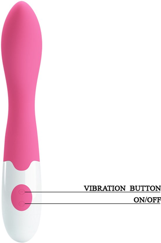 Vibrateur rose avec une base blanche, avec les étiquettes 'VIBRATION BUTTON' et 'ON/OFF'.