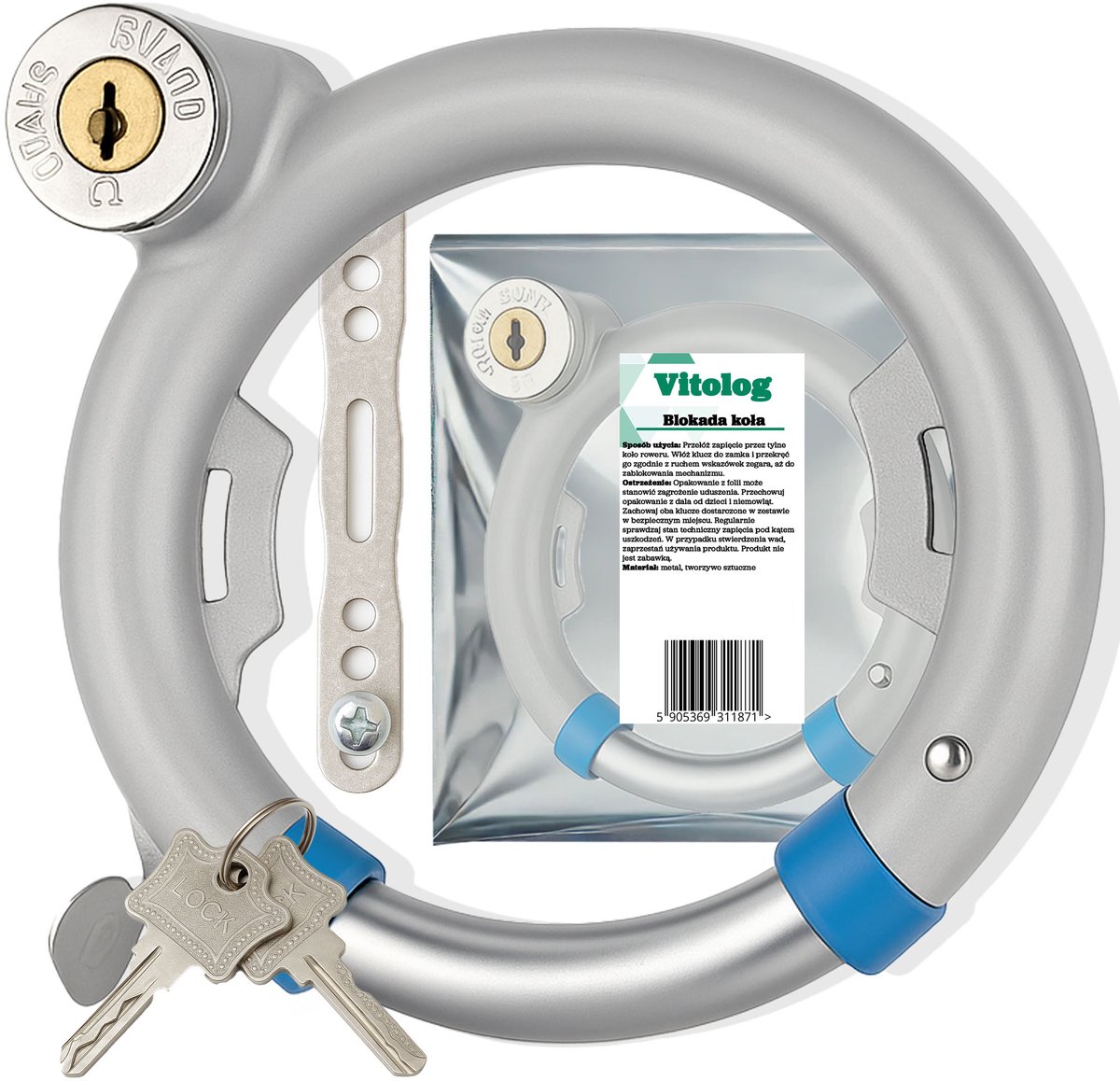 Vitolog - Fietsslot Achterwiel - Grijs - Inclusief 2 Sleutels - 1,7 cm