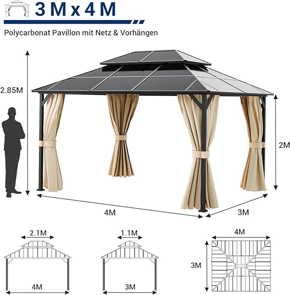 Tuinpaviljoen 3x4 m Hardtop Aluminium met Dubbel Polycarbonaat Dak, Gordijnen & Muggennet – Waterdicht, UV-Bescherming, Winterbestendig, Luxe Overkapping voor Tuin & Terras (Grijs) – Laura