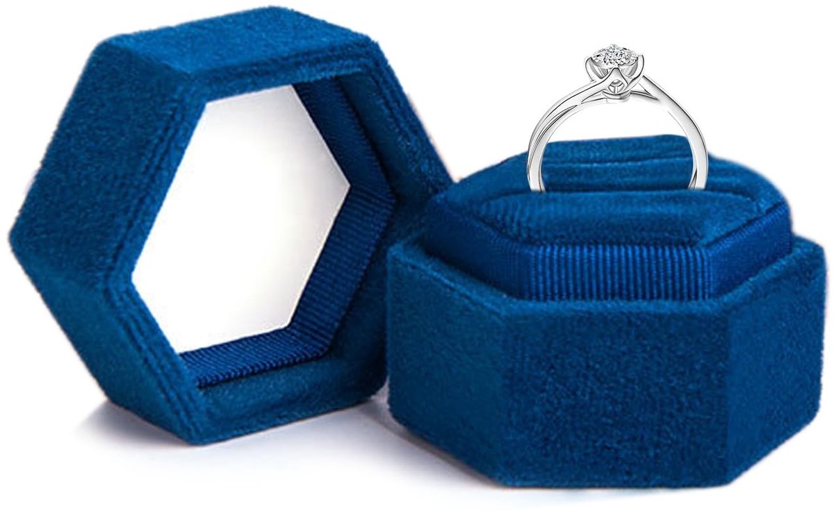 Velvet Hexagonale Ringdoos voor Bruiloft en Verloving, Elegant Sieraden Giftbox met Twee Ringvakken, Blauw