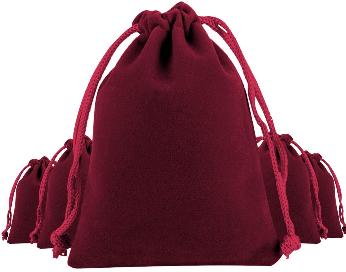 Set van 5 elegante fluwelen sieradenzakjes met koord, 10x8 cm, ideaal voor cadeaus, bruiloften en jewelry opslag, rood wijnkleur