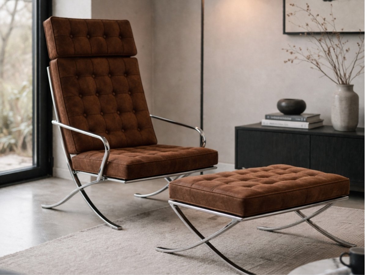 Milano Chair + Hocker - Fauteuil - Stoel - Vintage Bruin - Chaise longue - Zetel