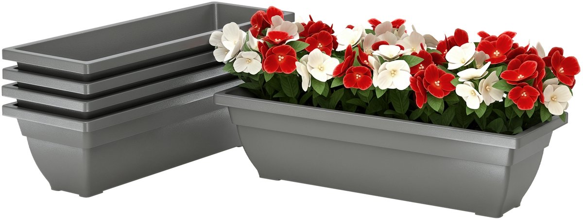 Bloempotten Set - Kunststof Plantenbak 5 Stuks - 59x21x16 cm - Stapelbaar & Robuust - Voor Tuin & Balkon - Grijs