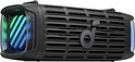 Zwarte Soundcore speaker met gestreept design aan de zijkanten met blauwe en groene LED-verlichting.