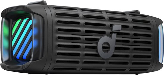 Zwarte Soundcore speaker met gestreept design aan de zijkanten met blauwe en groene LED-verlichting.