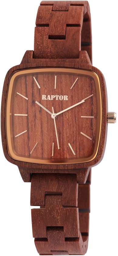 Een houten Raptor horloge met zandkleurige wijzerplaat en rozekleurige details. Het houten bandje is van schakels.