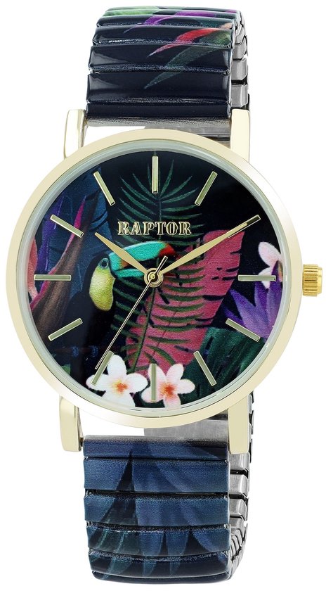 Gouden horloge met tukan en tropische bladeren op de wijzerplaat en een elastische roestvrijstalen band.