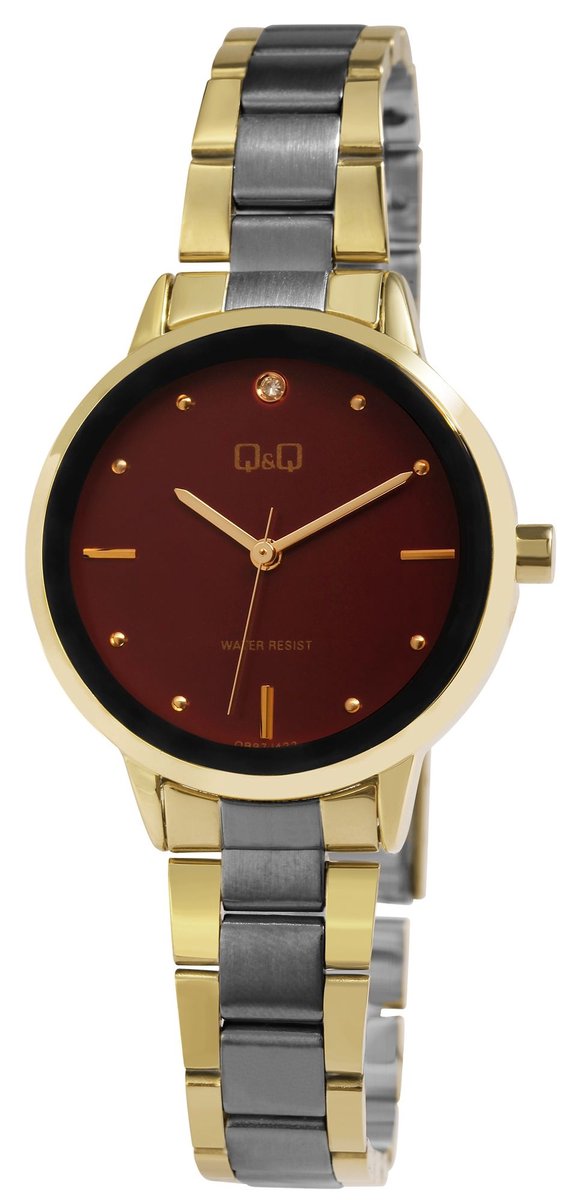 QQ dameshorloge roestvrij staal QB97J422Y QQ dameshorloge met roestvrijstalen band, 3 bar, bicolor-rood